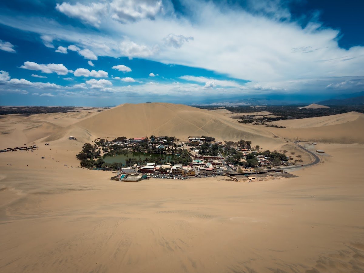 Huacachina oasis and surrounding desert dunes